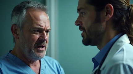 Obraz premium Intense discussion between two male doctors in scrubs, showcasing a moment of conflict and urgency.