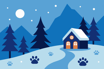cartoon snowy forest with animal footprints  cozy  