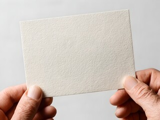 Two hands hold a blank off-white textured card perfect for adding your design or text message for various uses.