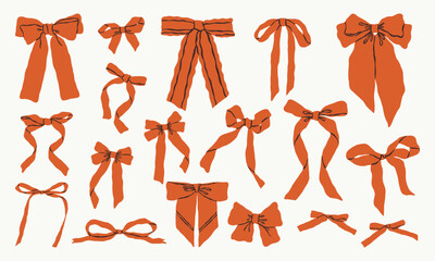 Collection of hand drawn red bows in various shapes and styles. Perfect for holiday designs, gift wrapping, decorative projects, and feminine aesthetics.