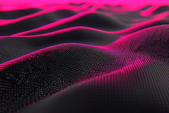 Abstract digital landscape of undulating, glowing,  dark and pink textured surface