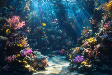 Naklejka premium Vibrant coral reef teeming with diverse marine life illuminated by sunlight creating a mesmerizing underwater scene 