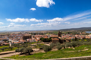 Panoramic View of Historic Medellín Village with Santiago Church and Olive Groves in Spain