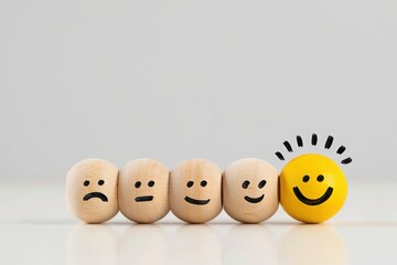 Wooden emotion balls showing happy and sad faces representing mental health concept
