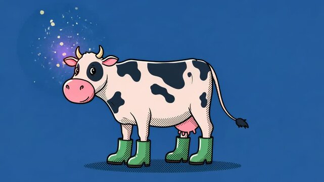 Cartoon cow with boots stands against a dark blue space background