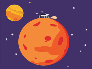 editable mars rover vector illustration with purple starry space background .eps