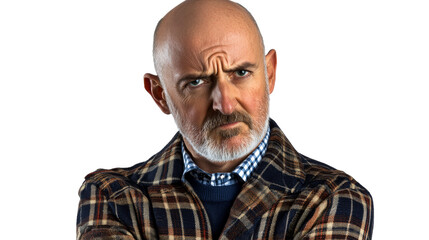 Fototapeta premium Middle aged man with furrowed brow looks skeptical, cut out transparent