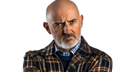 Middle aged man with furrowed brow looks skeptical, cut out transparent
