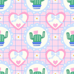 Kawaii vector seamless botanical pattern with succulent, heart, hand-drawn flower in pot. Abstract Scandinavian motifs combined with grid textures for childrens clothing and decorative surfaces