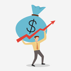 Businessman carrying big heavy money bag on red arrow graph up. Cartoon Vector Illustration.  