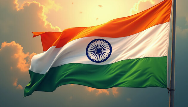 Close-Up of Indian National Flag Waving with Dramatic Sky Background