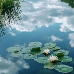 Calm water lilies reflect clouds