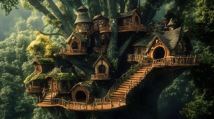 Obraz premium A whimsical treehouse village in a giant tree