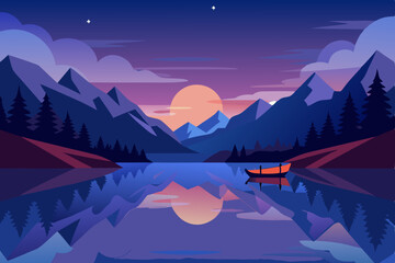 peaceful mountain lake at dusk with canoes  mirror 