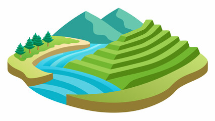 Obraz premium Isometric River Valley with Terraced Hills Vector Illustration