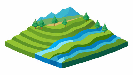 Isometric River Valley with Terraced Hills Vector Illustration © Chamok Chandra