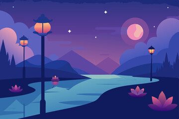 peaceful riverbank at dusk with lanterns on poles .svg