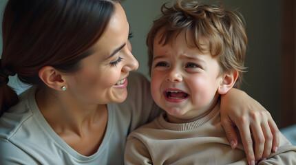 A joyful Hispanic woman smiles at her crying young son, reflecting a moment of tenderness and connection.