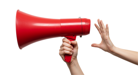 Holding a bright red megaphone commanding attention while a hand gestures to silence in a high on transparent background