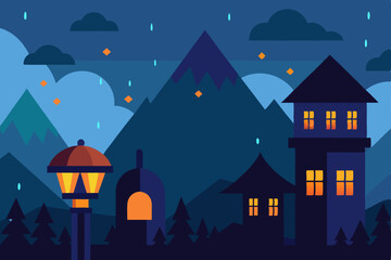 rainy mountain village with lantern lit windows  