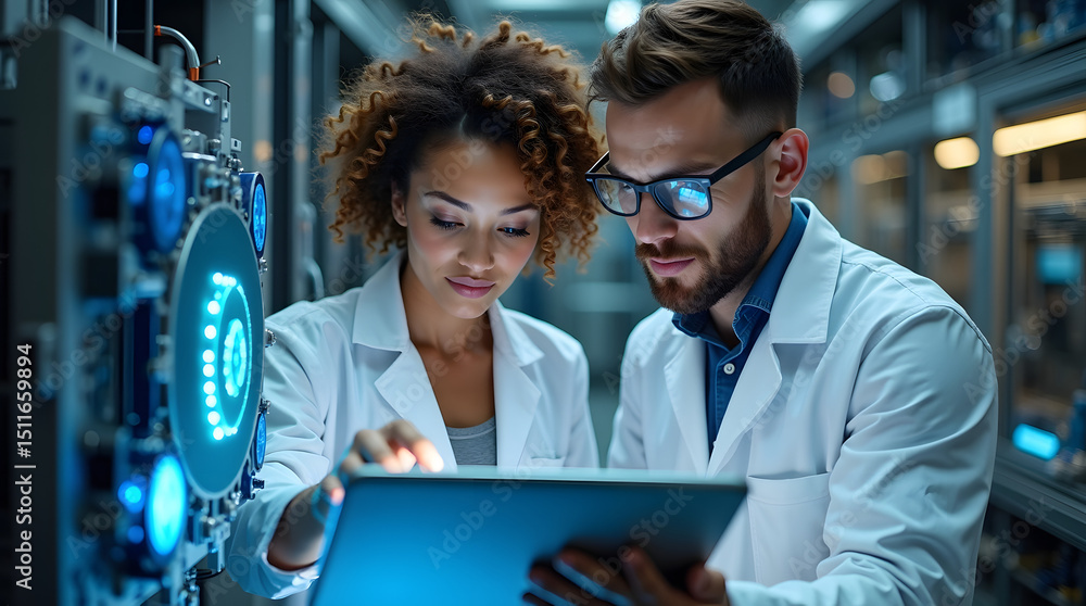 Aufkleber a woman of african descent and a caucasian man collaborate in a tech lab, analyzing data on a tablet
