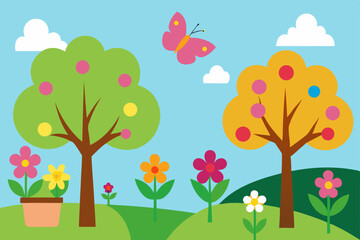 spring garden with butterflies  blossoming trees
