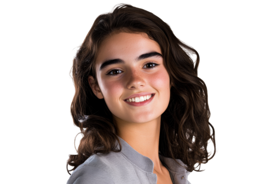 Smiling brunette young woman, cheerful expression, cut out transparent
