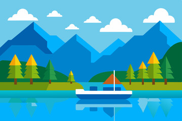 vector serene mountain lake with paddleboats   