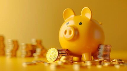 Golden piggy bank with coins and digital currency stacks on a gold background. AI generative.