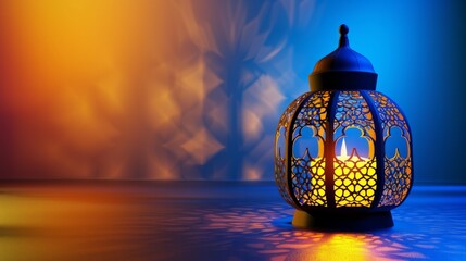 A decorative lantern glows with orange light against a blue background, casting ornate shadows. AI generative.