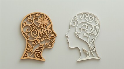 Two profile figures, ornate swirls and flora in brown and white, face each other. AI generative.