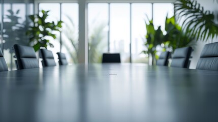 Sleek boardroom with a large table, black chairs, plants, and a bright cityscape visible outside. AI generative.