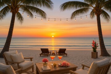Tropical beach sunset with cocktails and stylish beachfront lounge setup