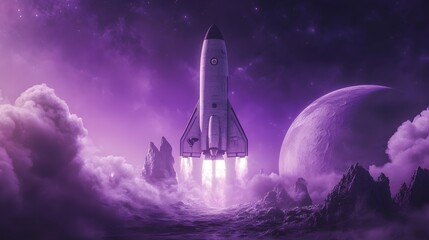 A spaceship landing on an alien planet with purple skies