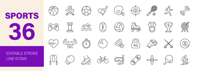 Sports icon set. Containing football, basketball, baseball, volleyball, swimming, trophy, competition, medal, gym, tennis, running and more. Editable line icons. Vector illustration.