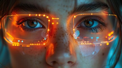 Close-up of face with futuristic eyewear. Focus on the eyes with glowing lights. AI generative.