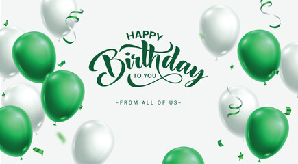 Happy birthday greeting card clipart banner. Birthday invitation and wishes clip art with green and white balloons floating decoration party elements vector illustration.   © AmazeinDesign