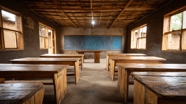Classroom in an African school. Black African children from disadvantaged families study in school, read books, receive primary education, volunteer service