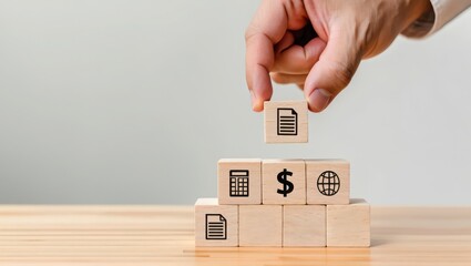 Business strategy planning concept hand placing wooden block with document icon stack