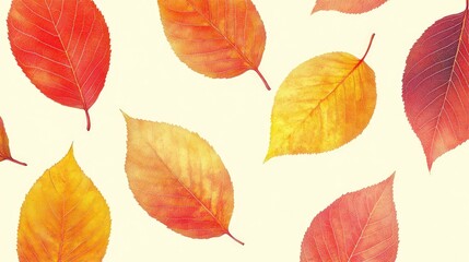 Obraz premium Leaf motifs in warm sunset colors repeated on a pale yellow background
