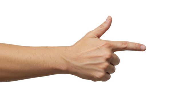 A hand gesture mimicking a gun pointed firmly forward conveying direction and intent in a on transparent background