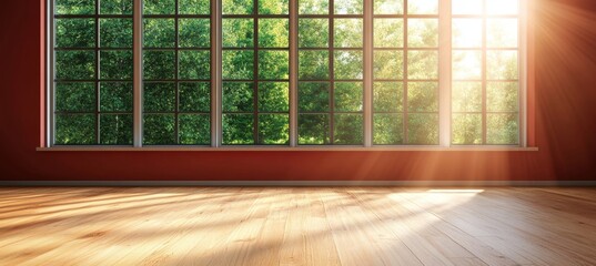 Empty room, green trees seen through large window, sunlight on wooden floor, minimalist design
