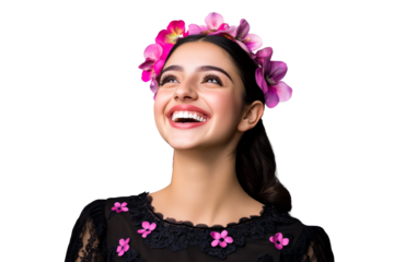 Smiling Hispanic woman with flower crown looking up, cut out transparent