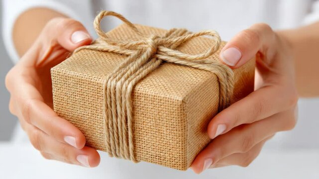 Hands Holding a Small Wrapped Gift in Brown Textured Paper with Twine