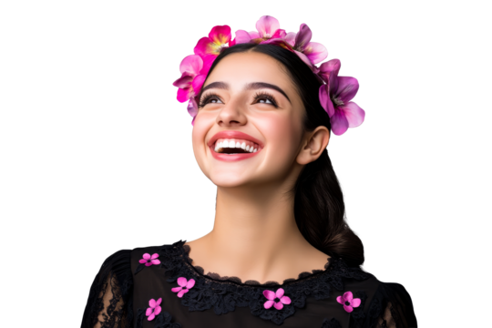 Smiling Hispanic woman with flower crown looking up, cut out transparent