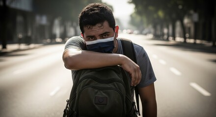Man Leaning on Backpack, Masked Face, Sweat, Empty Urban Street Behind