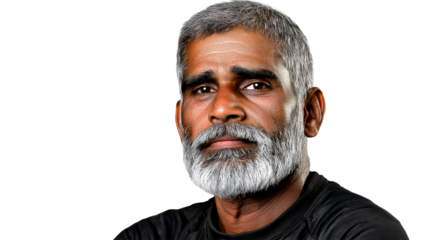 Portrait of an Indian man with gray hair and beard, cut out transparent