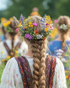 woven flower crowns on heads during Skansen Midsummer in Sweden with big copy space - Cultural Festival Atmospheres with Natural Elements Spiritual and Symbolic Traditions in Local Celebrations
