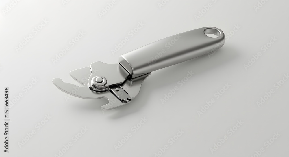Poster a silver can opener with a handle on a white surface in a studio setting shot close up