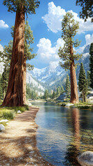 Serene Mountain River Valley With Redwood Trees